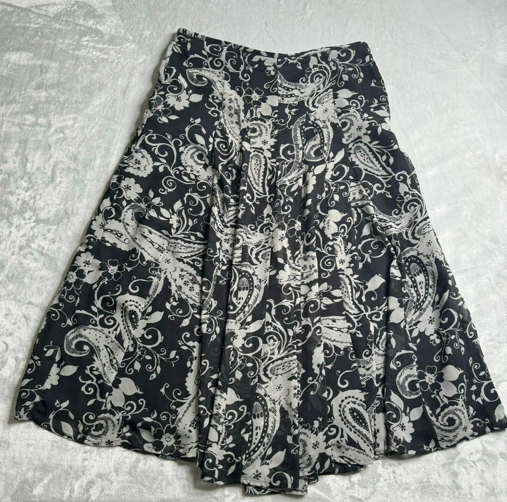 Talbots Skirt Womens 12 Black Gray Floral Flat Front A Line Midi Lined Side Zip